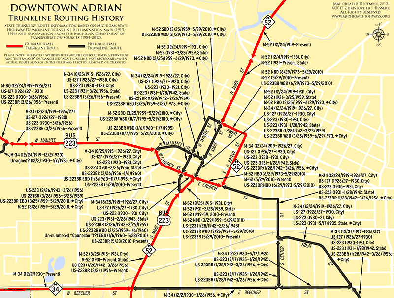 Downtown Adrian Trunkline Routing History map
