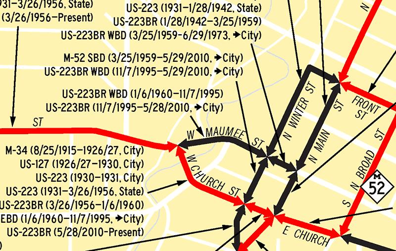 Downtown Adrian Trunkline Routing History map - detailed excerpt