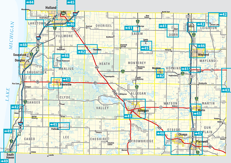 Street-level mapping index from 2015 Allegan County Road Atlas, Parcel Platbook & Recreation Guide