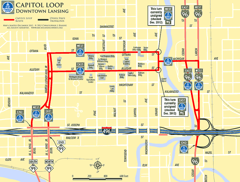 Capitol Loop route map, downtown Lansing