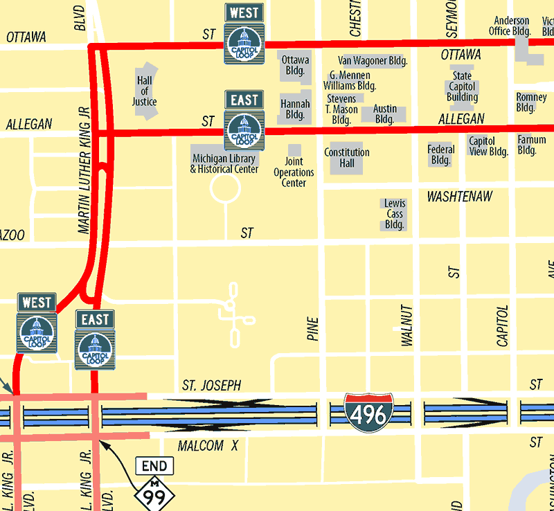 Capitol Loop route map, downtown Lansing, detailed excerpt