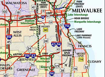 Milwaukee Freeway System Map (closeup)